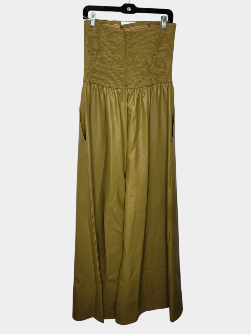 Anthropologie Pilcro Strapless Smocked Wide Leg Jumpsuit L Chartreuse - Picture 3 of 7